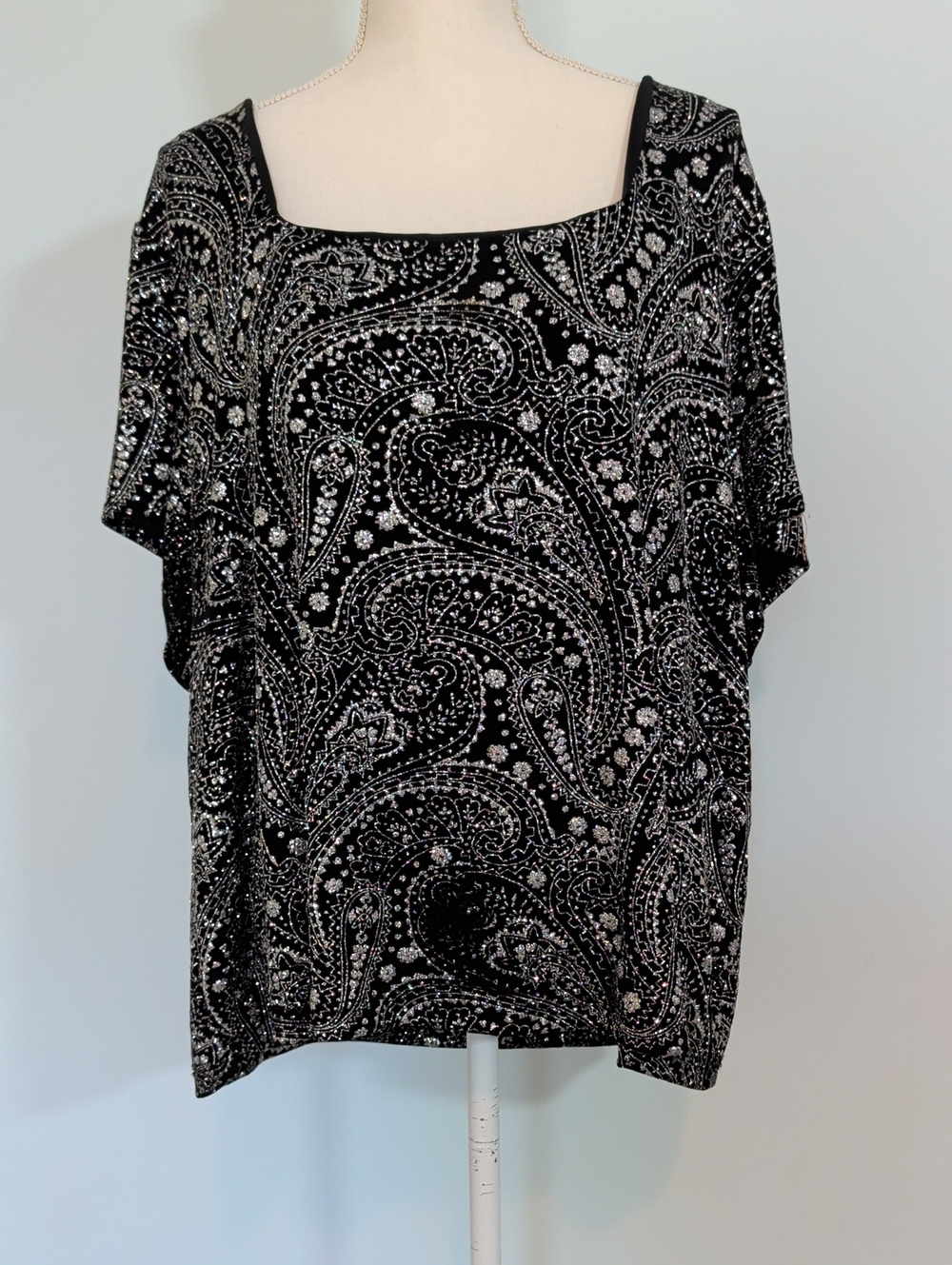 VINTAGE 90s J.B.S. Black and White Paisley Square-Neck Blouse